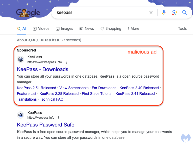 谷歌优先展示的 KeePass 官网是冒牌货，定向至恶意软件